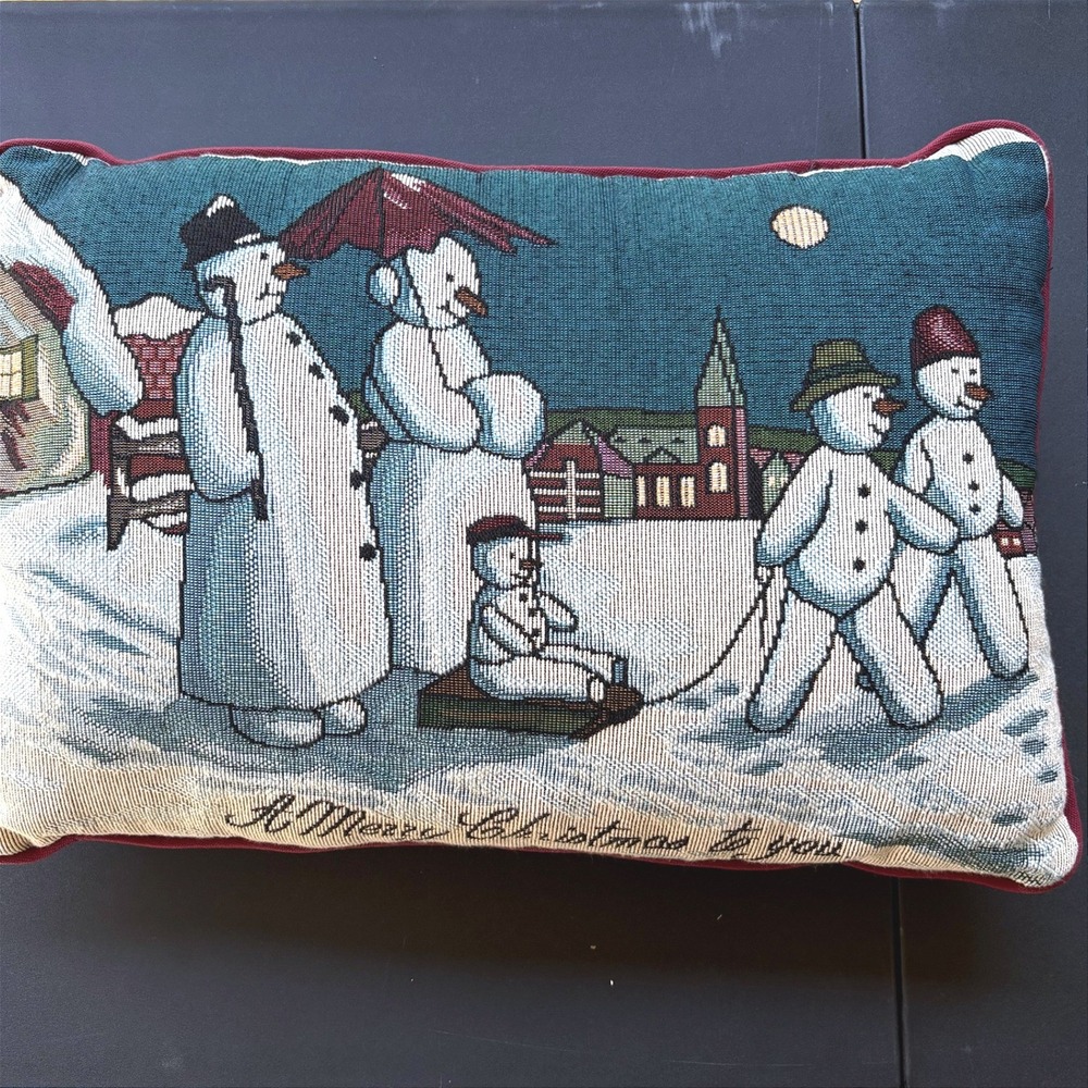 Vintage Snowman Family Tapestry Christmas Throw Pillow Red Backing 12x18 Festive